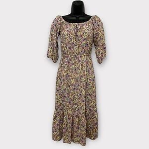 Bebop Yellow & Pink Vintage Floral Cottagecore Half Sleeve Midi Dress Size Small